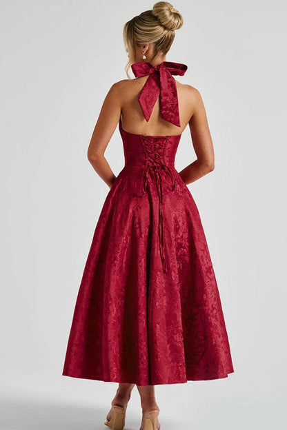 Phoebe | Midi Party Dress Pink Jacquard Halterneck A-Line for Women