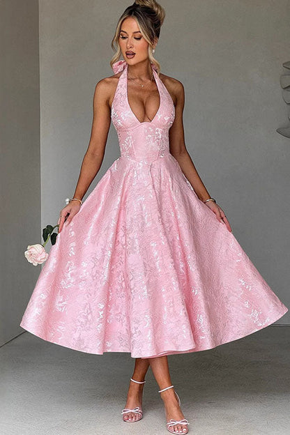 Phoebe | Midi Party Dress Pink Jacquard Halterneck A-Line for Women