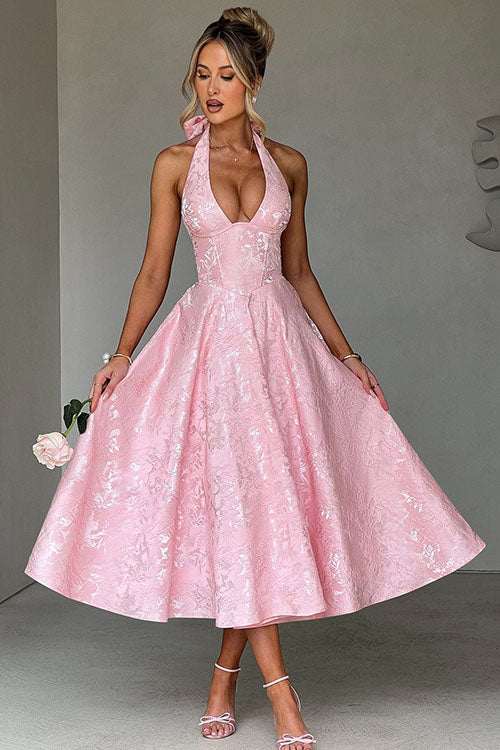 Phoebe | Midi Party Dress Pink Jacquard Halterneck A-Line for Women