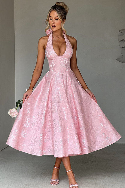 Phoebe | Midi Party Dress Pink Jacquard Halterneck A-Line for Women