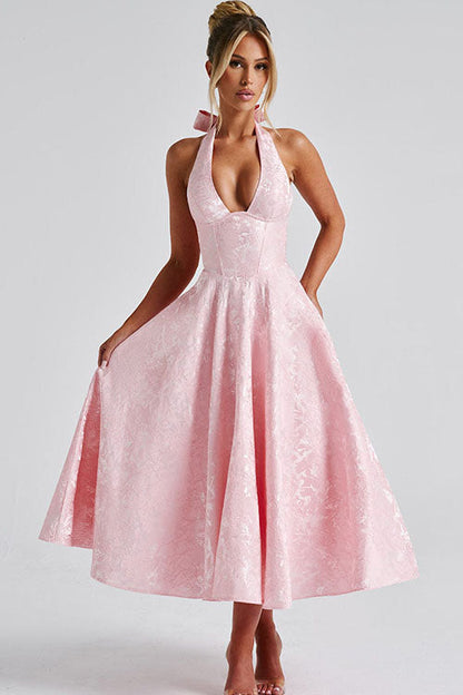 Phoebe | Midi Party Dress Pink Jacquard Halterneck A-Line for Women