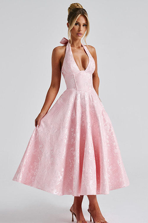Phoebe | Midi Party Dress Pink Jacquard Halterneck A-Line for Women