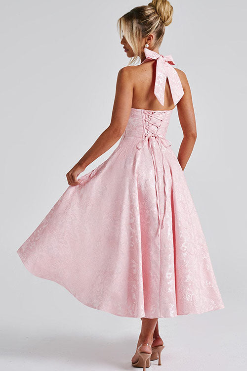 Phoebe | Midi Party Dress Pink Jacquard Halterneck A-Line for Women