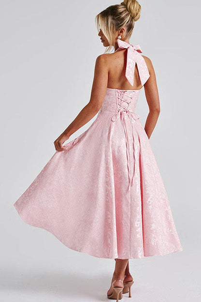 Phoebe | Midi Party Dress Pink Jacquard Halterneck A-Line for Women