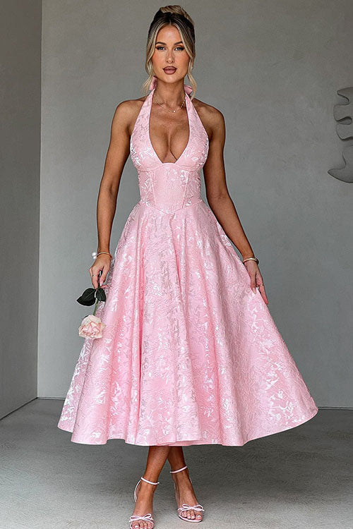 Phoebe | Midi Party Dress Pink Jacquard Halterneck A-Line for Women