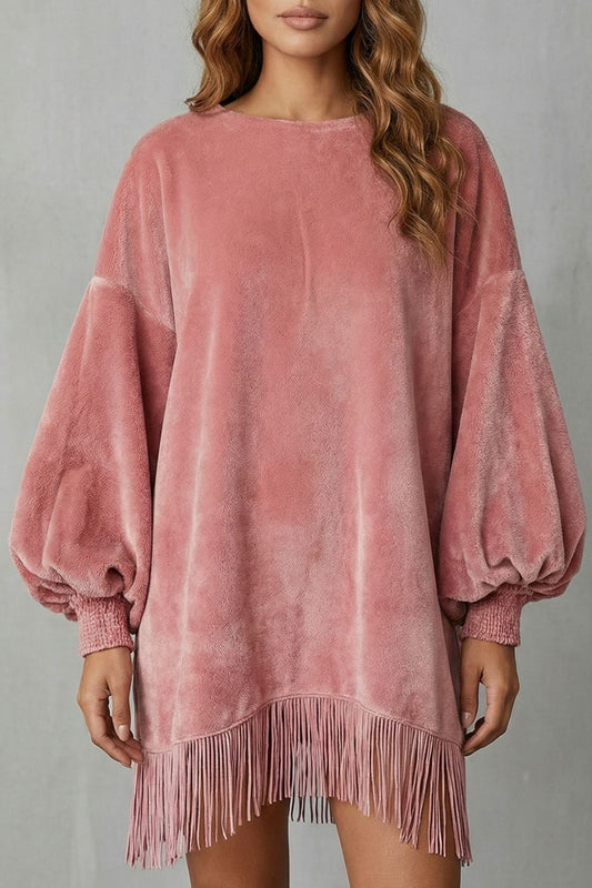 Phoebe | Mini Dress Dusty Pink Velvet Balloon Sleeve Fringe Hem for Women