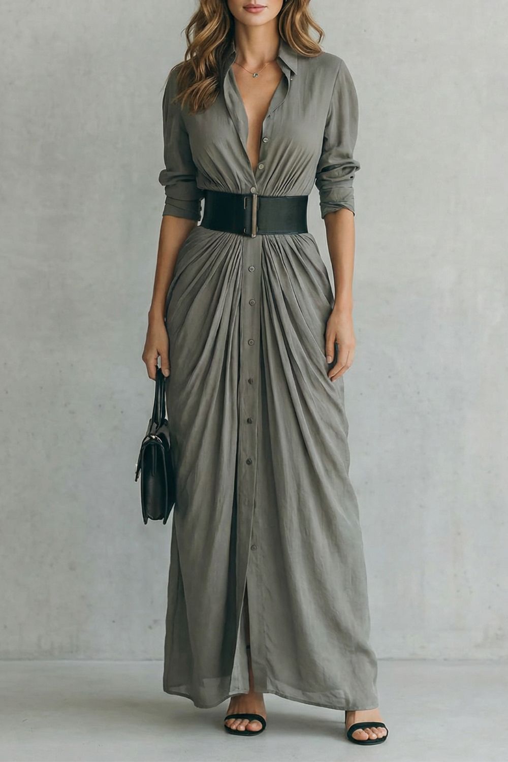 Phoebe | Maxi Shirt Dress Grey Pleated Button-Down Belted for Women