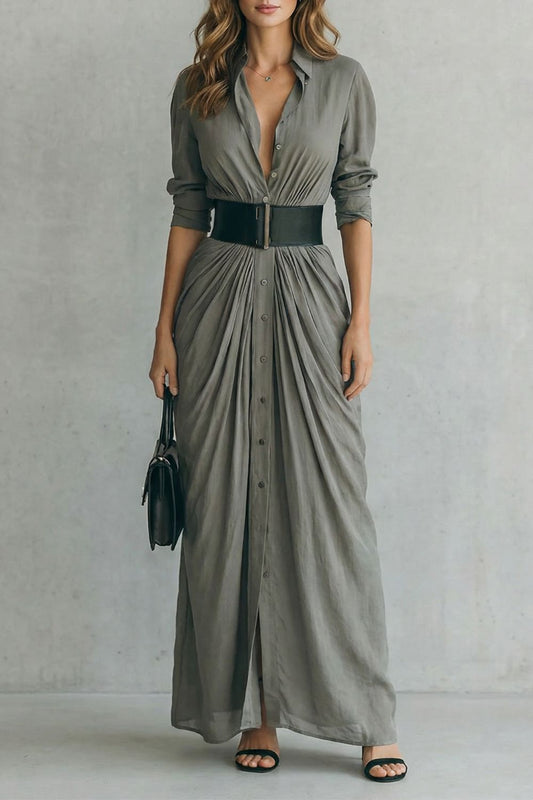 Phoebe | Maxi Shirt Dress Grey Pleated Button-Down Belted for Women