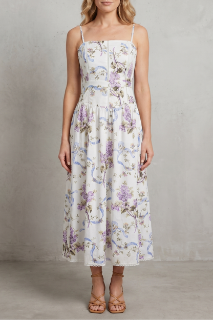 Rosalind | Midi Dress White Floral Cotton Corset Bodice Spaghetti Strap for Women