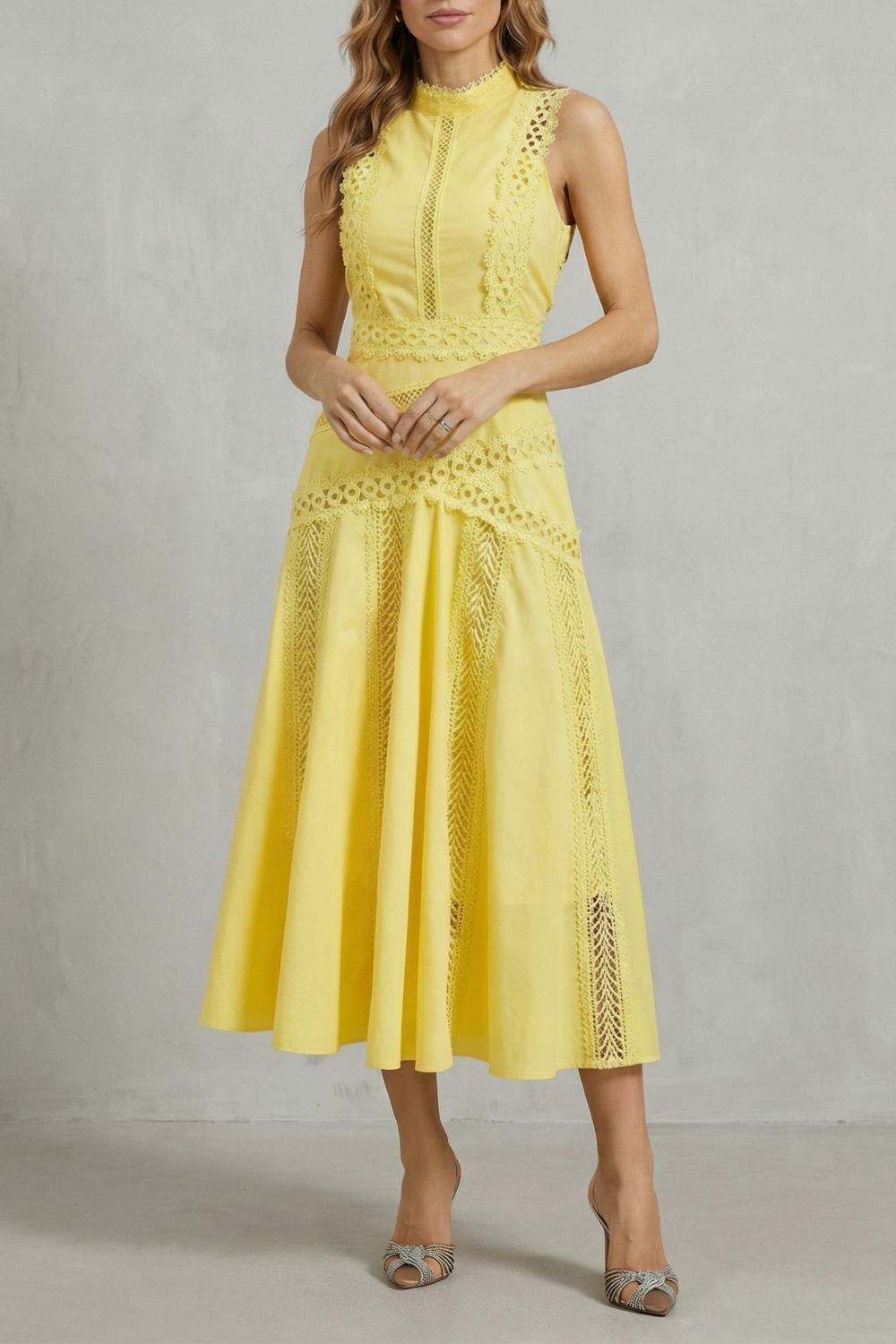 Arabelle | Midi Dress Yellow Cotton Lace Panel Sleeveless for Women