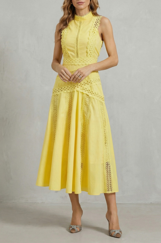 Arabelle | Midi Dress Yellow Cotton Lace Panel Sleeveless for Women