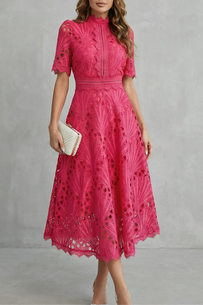 Phoebe | Midi Dress Hot Pink Lace High-Neck A-Line for Women
