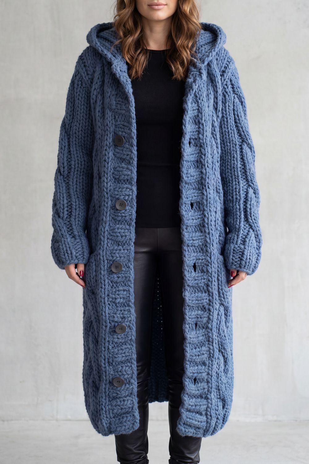 Phoebe | Maxi Hooded Cardigan Coat Blue Chunky Cable Knit Oversized for Women