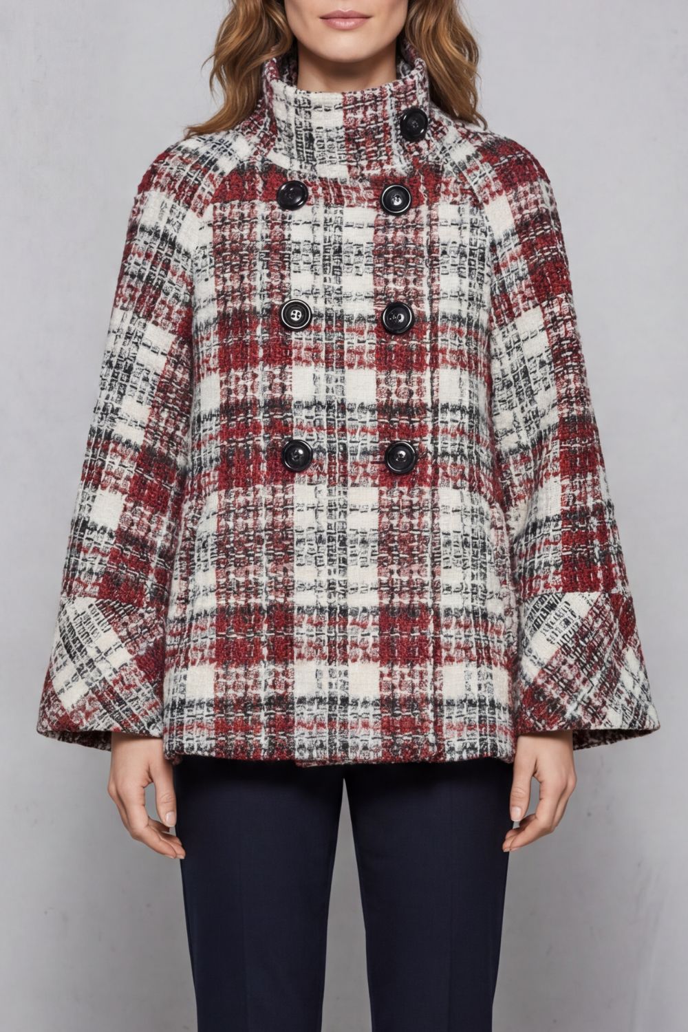 Elspeth | Cape Coat Red Cream Plaid Boucle Double-Breasted for Women