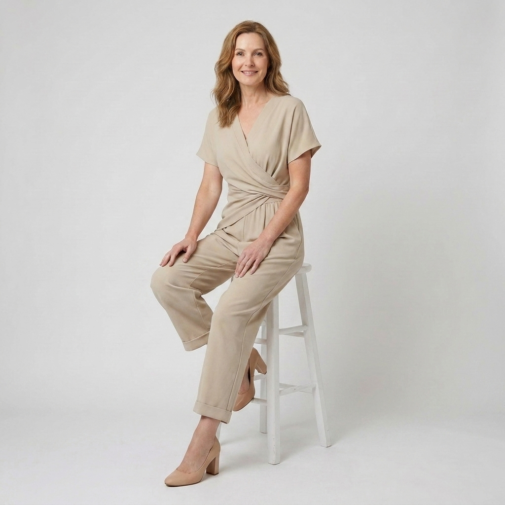 Harriet | Wrap Jumpsuit Stone Polyester Wide-Leg Short Sleeve for Women