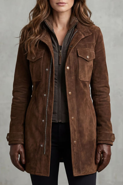 Harriet | Longline Coat Brown Suede Tailored Zip for Women