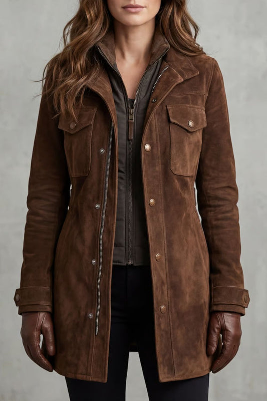 Harriet | Longline Coat Brown Suede Tailored Zip for Women