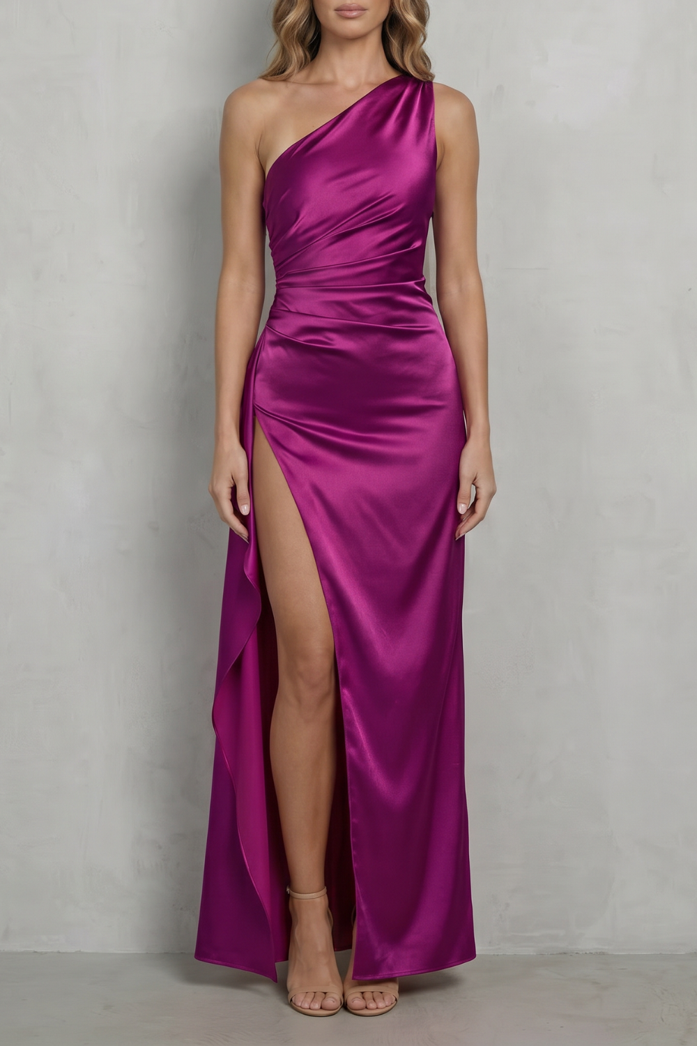 Rosalind | Maxi Evening Dress Magenta Satin One-Shoulder Ruched for Women