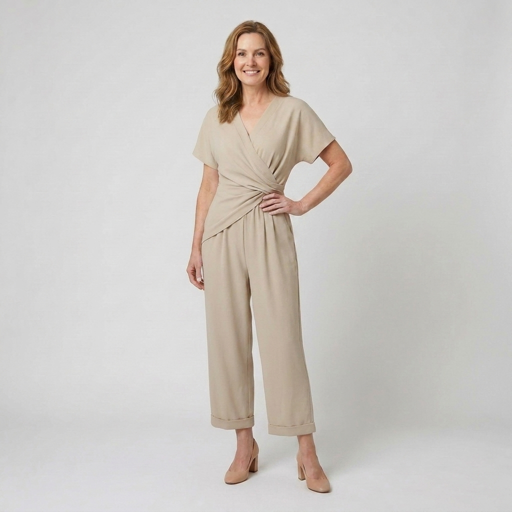 Harriet | Wrap Jumpsuit Stone Polyester Wide-Leg Short Sleeve for Women