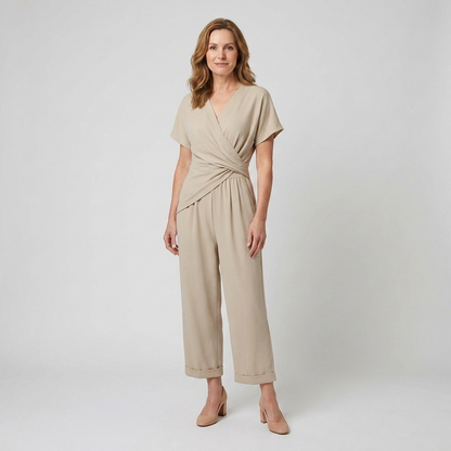 Harriet | Wrap Jumpsuit Stone Polyester Wide-Leg Short Sleeve for Women