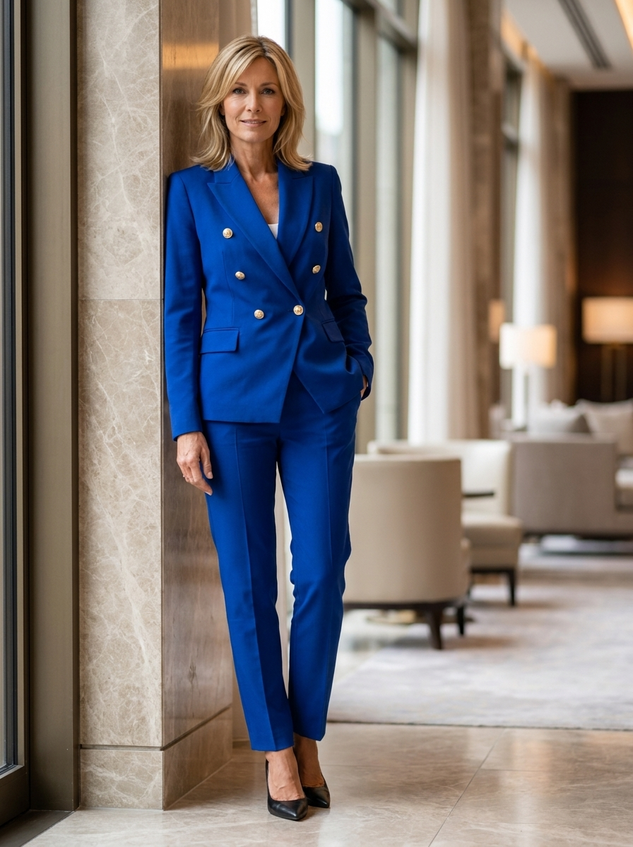 Cecily | Outfit Set Royal Blue Woven Double-Breasted Tailored for Women
