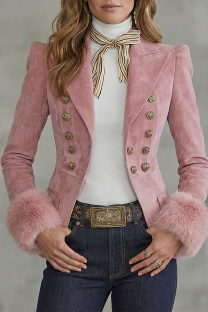 Phoebe | Blazer Pink Suede Double-Breasted Faux Fur Cuffs for Women
