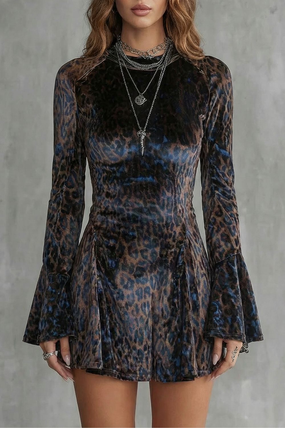 Phoebe | Mini Dress Brown Blue Leopard Print Velvet Flared Sleeve for Women