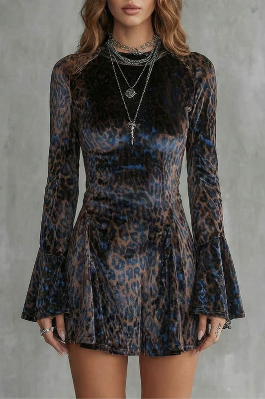 Phoebe | Mini Dress Brown Blue Leopard Print Velvet Flared Sleeve for Women