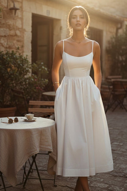 Margery | Midi Dress White Cotton Sleeveless Fit-and-Flare for Women