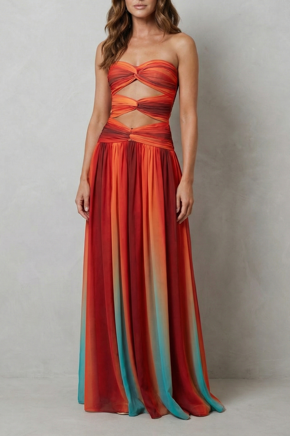Loretta | Maxi Dress Sunset Ombré Chiffon Strapless Cut-Out for Women
