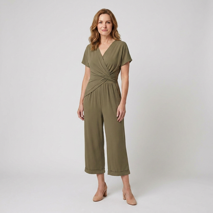 Harriet | Wrap Jumpsuit Stone Polyester Wide-Leg Short Sleeve for Women