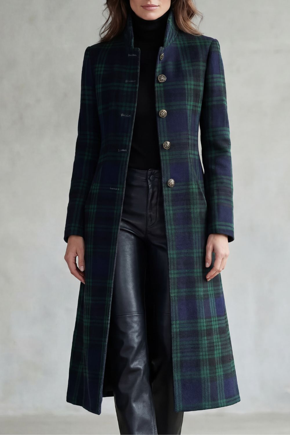Mabel | Overcoat Navy Green Tartan Wool Blend Stand Collar for Women