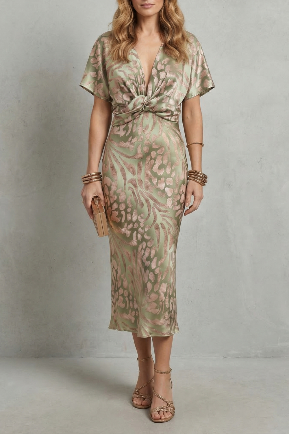 Phoebe | Midi Dress Sage Green Satin Jacquard Twist Front V-Neck for Women