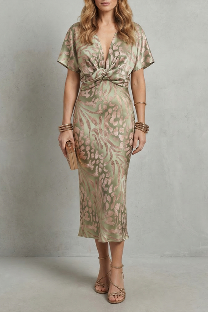 Phoebe | Midi Dress Sage Green Satin Jacquard Twist Front V-Neck for Women