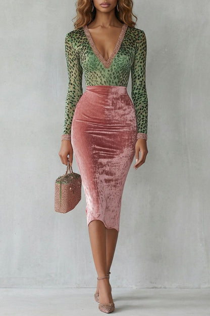 Phoebe | Midi Bodycon Dress Green Pink Leopard Velvet V-Neck for Women