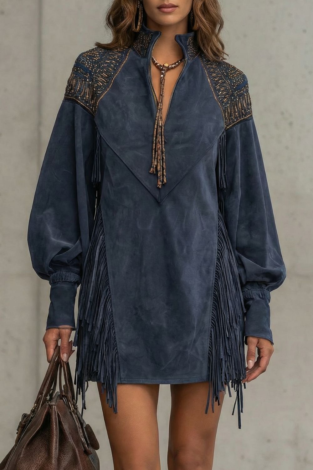 Phoebe | Mini Dress Navy Suede-Effect Fringe Embroidered for Women