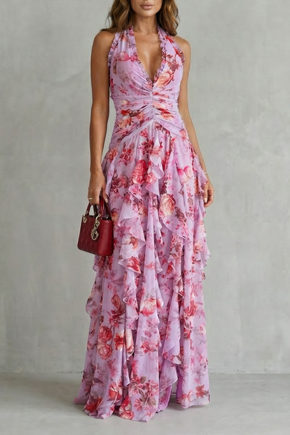 Cecily | Maxi Dress Lilac Floral Chiffon Halter Ruffle for Women