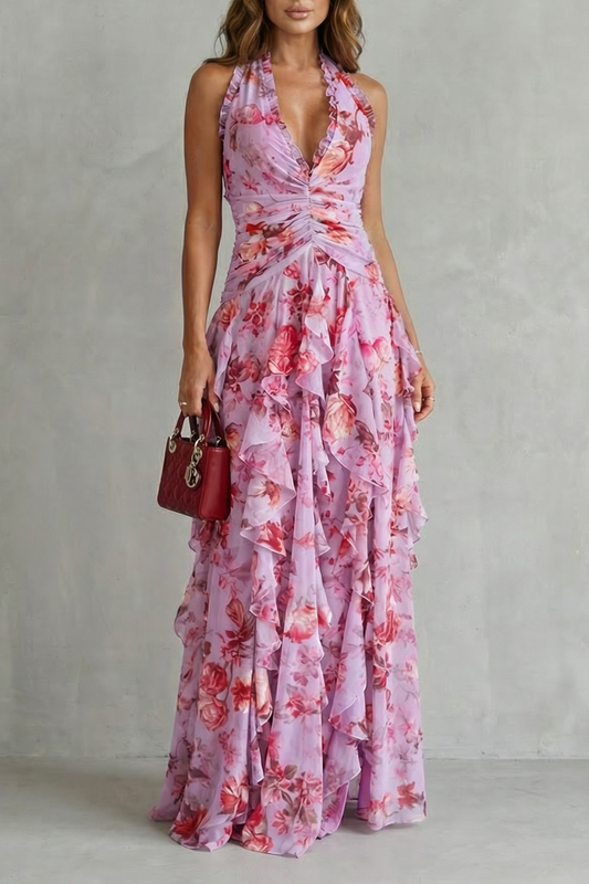 Cecily | Maxi Dress Lilac Floral Chiffon Halter Ruffle for Women
