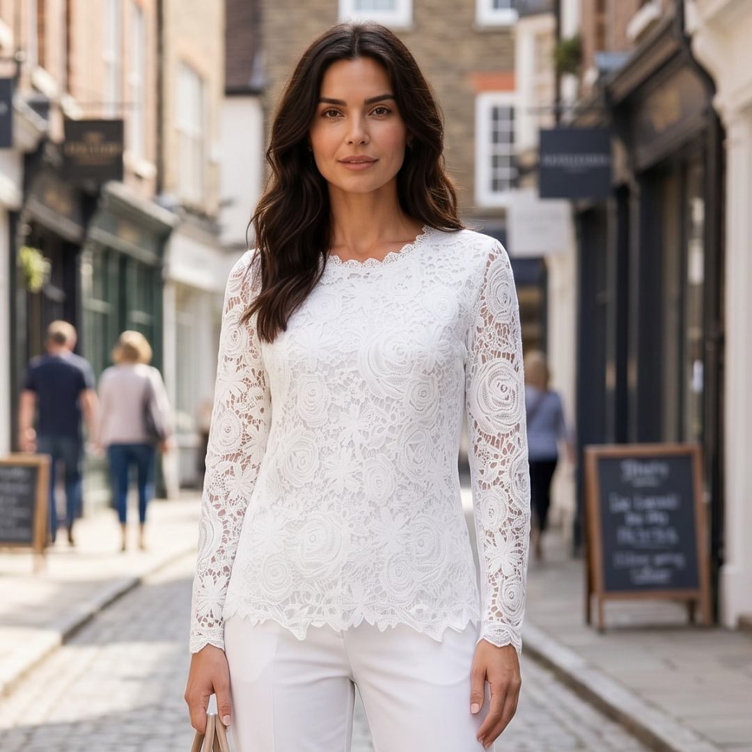 Meredith | Long Sleeve Blouse White Lace Scallop-Hem for Women