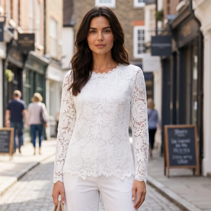 Meredith | Long Sleeve Blouse White Lace Scallop-Hem for Women