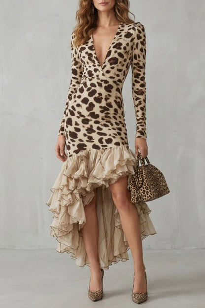 Harriet | Midi Dress Beige Leopard Print Ruffle Hem Long Sleeve for Women