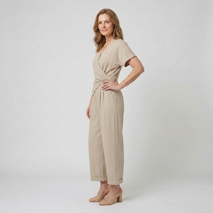 Harriet | Wrap Jumpsuit Stone Polyester Wide-Leg Short Sleeve for Women