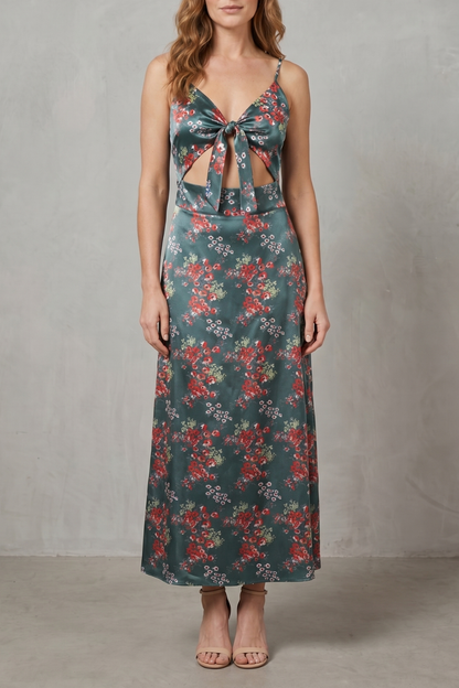 Elspeth | Midi Dress Teal Floral Satin Tie-Front Cut-Out for Women