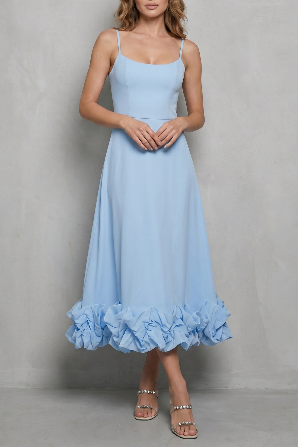 Phoebe | Midi Dress Baby Blue Ruffle Hem Spaghetti Strap for Women