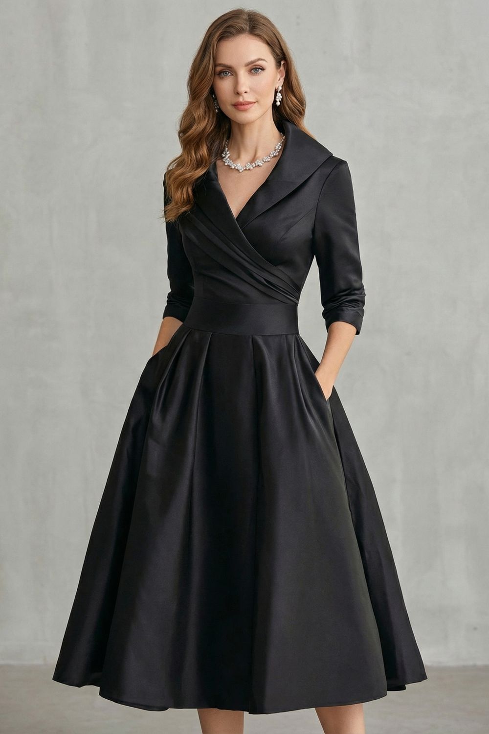 Rosalind | Midi Dress Black Satin A-Line 3/4 Sleeve Wrap Collar for Women