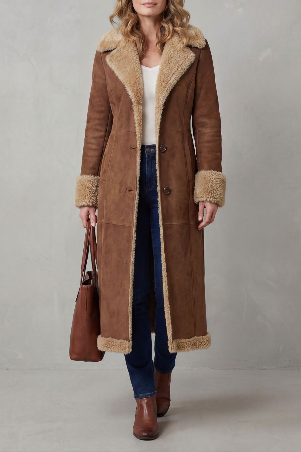 Phoebe | Long Winter Coat Tan Brown Suede Shearling-Lined for Women
