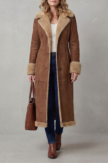 Phoebe | Long Winter Coat Tan Brown Suede Shearling-Lined for Women