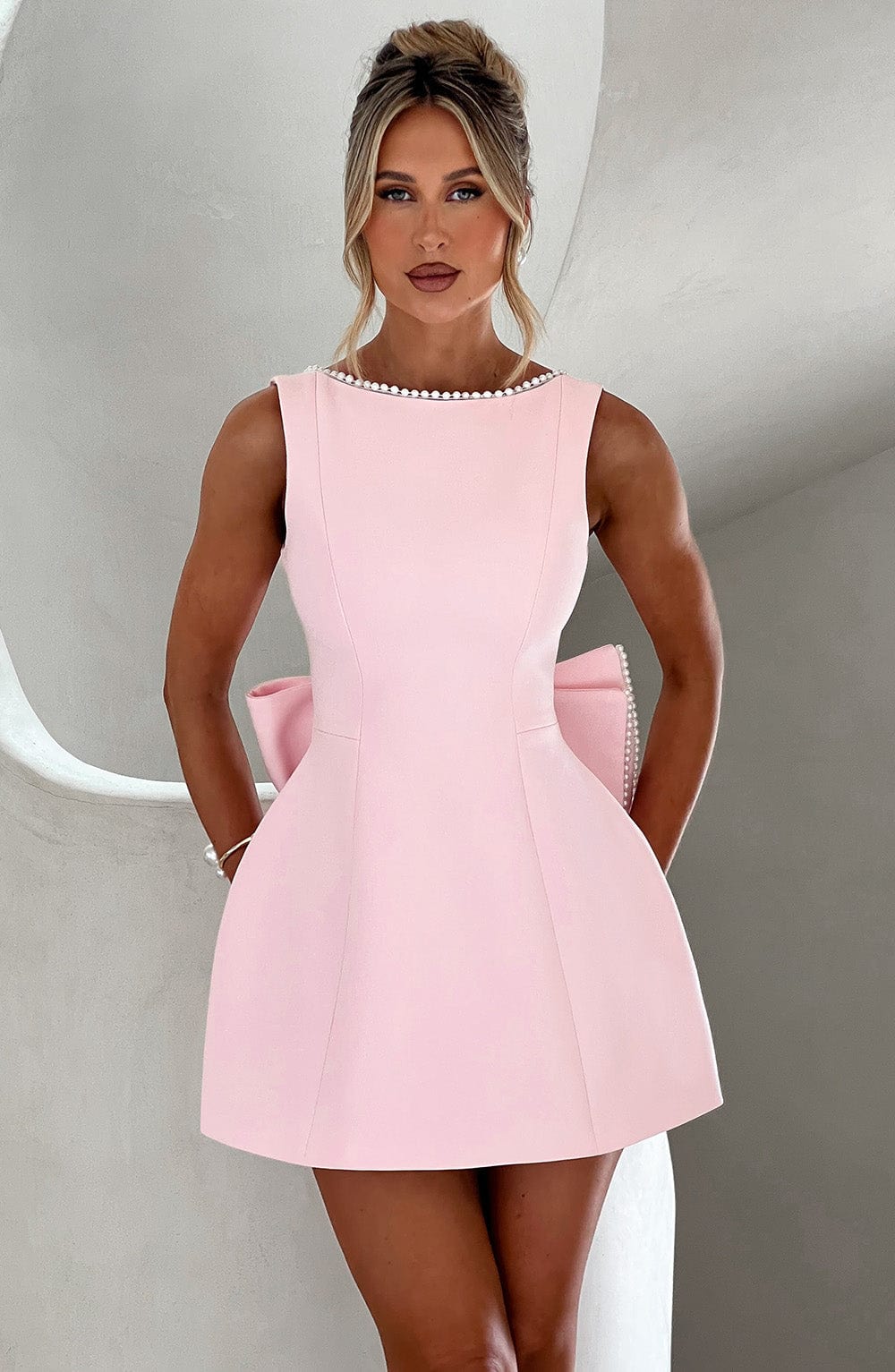 Rosalind | Mini Party Dress Pink Structured Pearl Trim A-Line for Women
