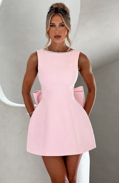 Rosalind | Mini Party Dress Pink Structured Pearl Trim A-Line for Women