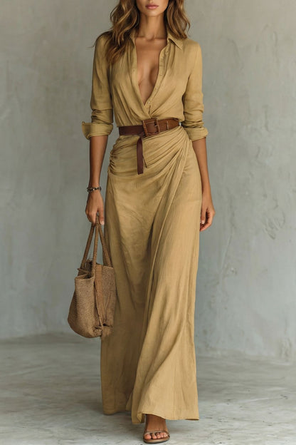 Cassidy | Maxi Shirt Dress Camel Linen-Feel Belted Wrap for Women